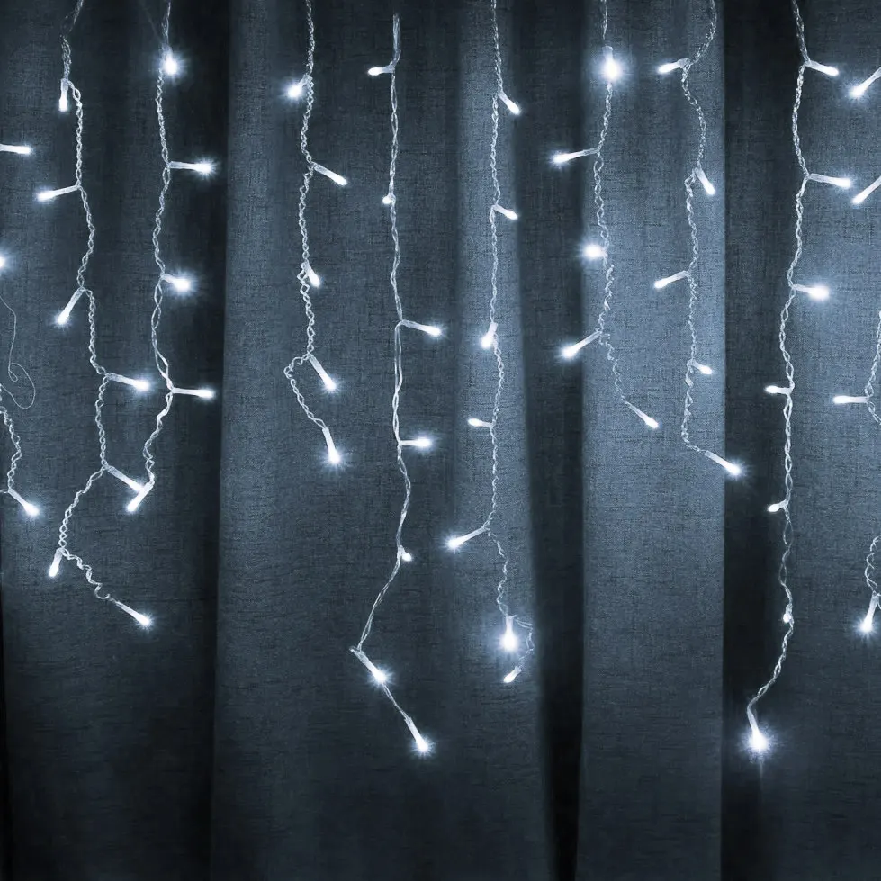 Cascata de Natal 200 LED Fixa com Strobo Conector macho/femea - Fio Branco Ø 1.5mm - Luz Branco Frio - 5 Metros IP44