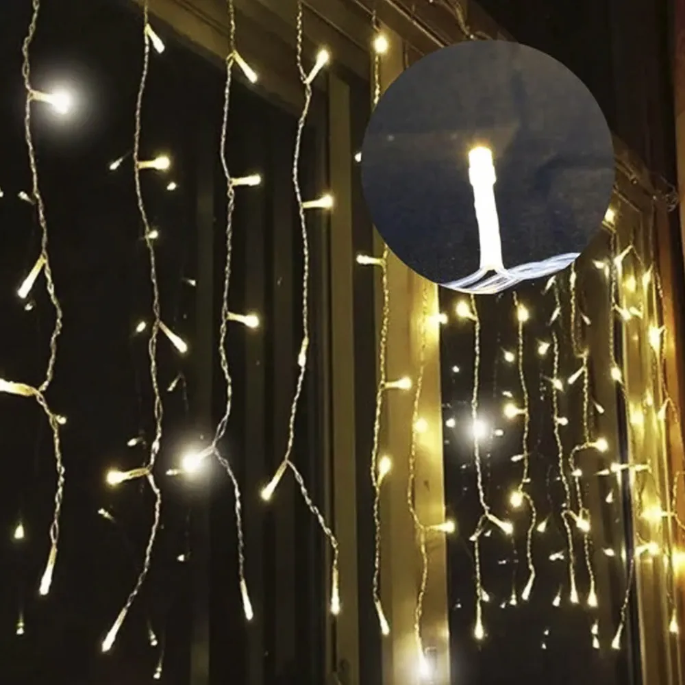 Cascata de Natal 200 LED Total Strobo Conector macho/femea - Fio Branco Ø 1.5mm - Luz Branco morno - 5 Metros IP44