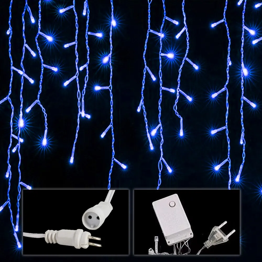 Cascata de Natal de 10m x 0,65m, 400 LEDs Azuis e 8 Funções - Fio Branco