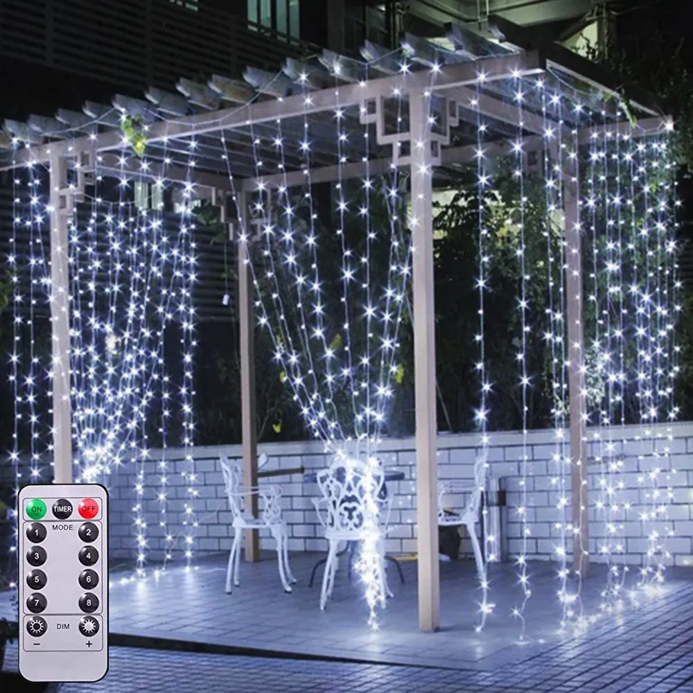 Cortina de Natal com Controle Remoto de 3,0m x 2,0m e 300 LEDs Brancos Frios - Fio Branco 