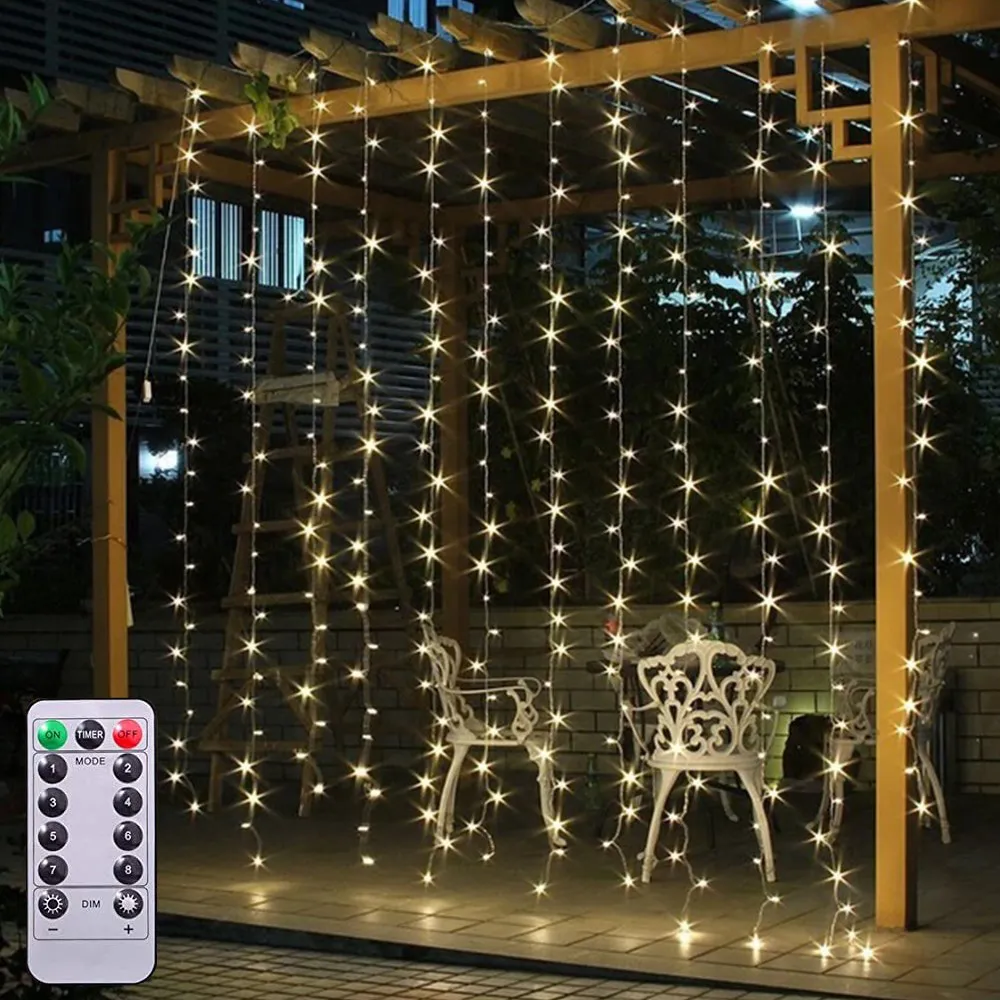 Cortina de Natal com Controle Remoto de 3,0m x 2,0m e 300 LEDs Brancos Quentes - Fio Branco
