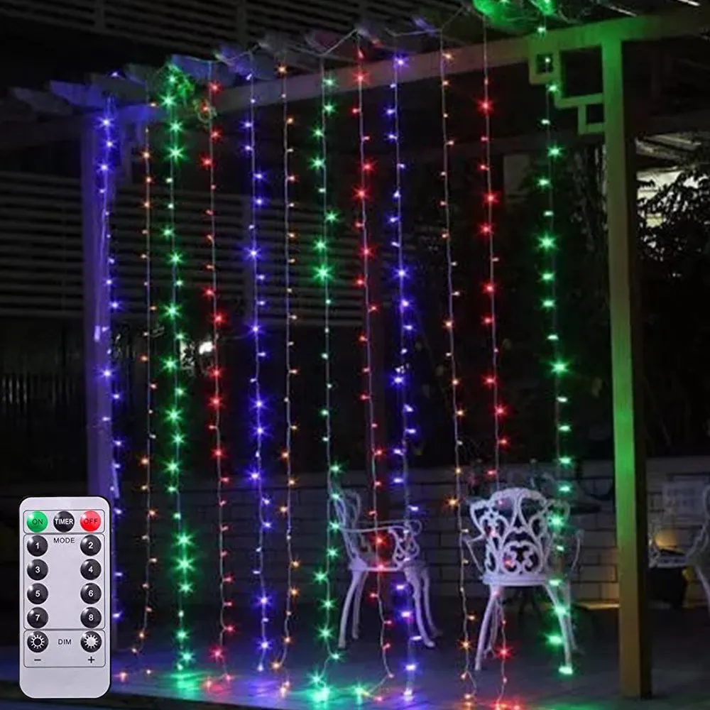 Cortina de Natal com Controle Remoto de 3,0m x 2,0m e 300 LEDs Coloridos - Fio Branco