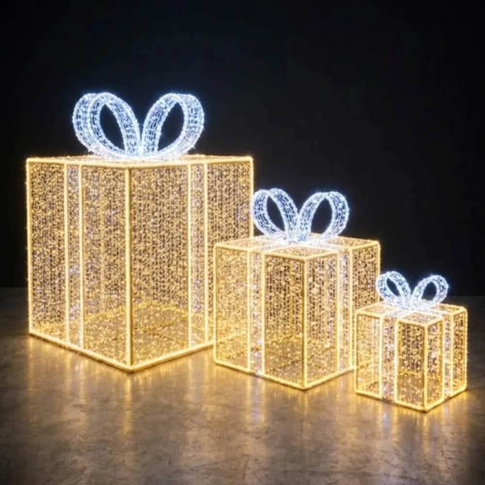 Figura de Natal Luminosa - Conjunto 3 Caixa de Presentes 3 tamanhos