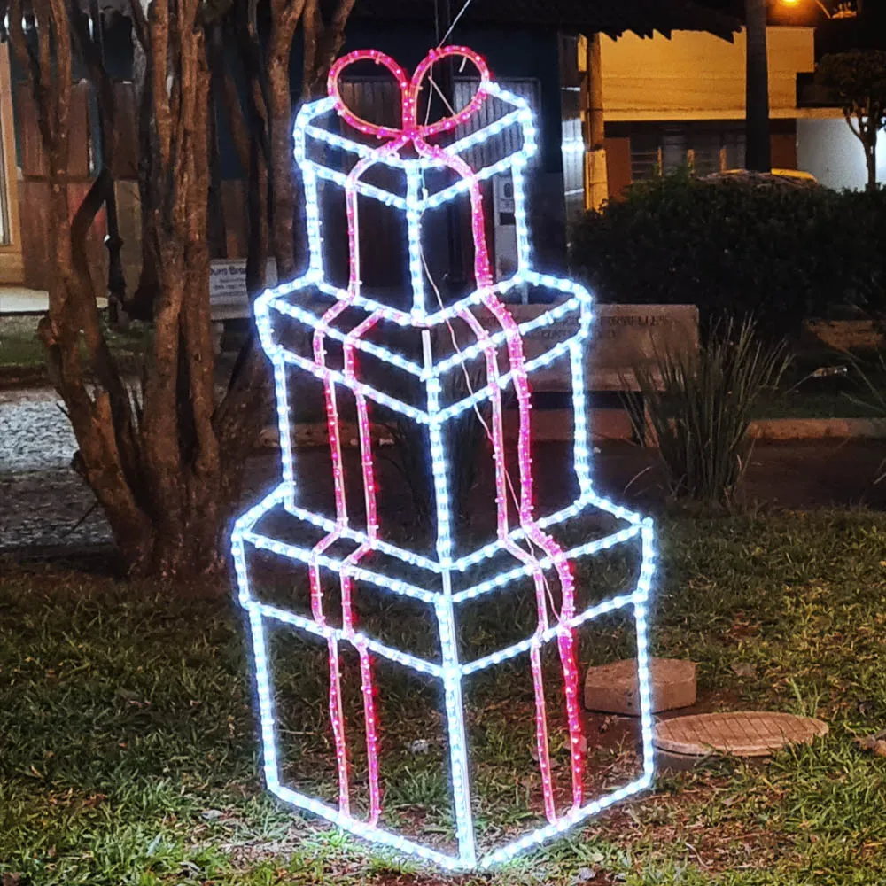 Figura de Natal Luminosa para Jardim e fachada - Caixa de Presente com Laço Tripla 2D