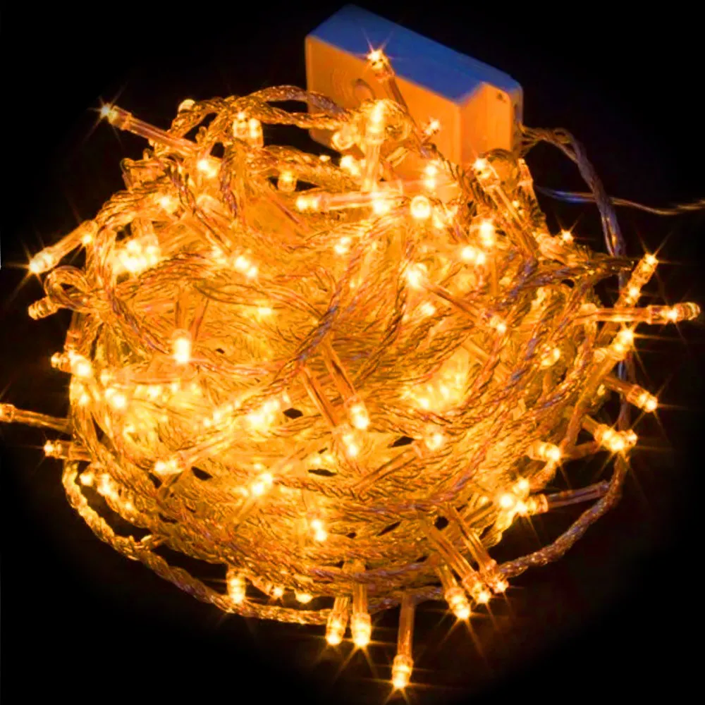 Pisca de Natal 100 LED 8 Funções Luz Amarela, Fio Transparente Ø1,5 mm 10 Metros