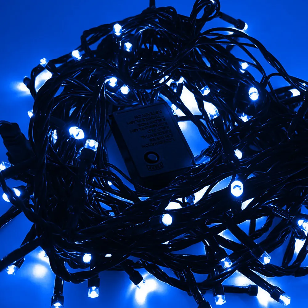 Pisca de Natal 100 LED 8 Funções Luz Azul, Fio Verde Ø1,5 mm 10 Metros