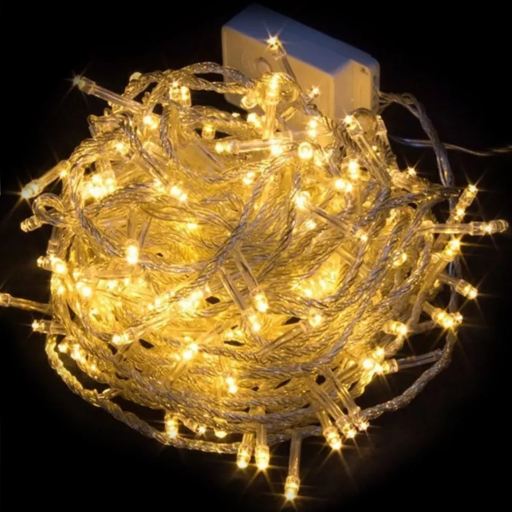 Pisca de Natal 100 LED 8 Funções Luz Branco Quente, Fio Transparente Ø1,5 mm 10 Metros