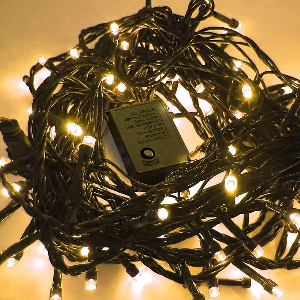 Pisca de Natal 100 LED 8 Funções Luz Branco Quente, Fio Verde Ø1,5 mm 10 Metros