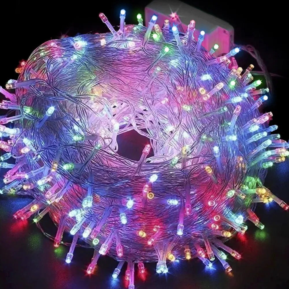Pisca de Natal 100 LED 8 Funções Luz Colorida, Fio Transparente Ø1,5 mm 10 Metros