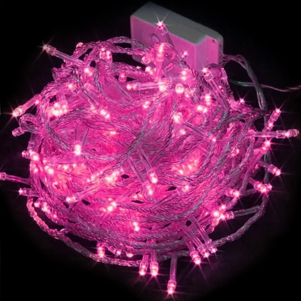 Pisca de Natal 100 LED 8 Funções Luz Rosa, Fio Transparente Ø1,5 mm 10 Metros