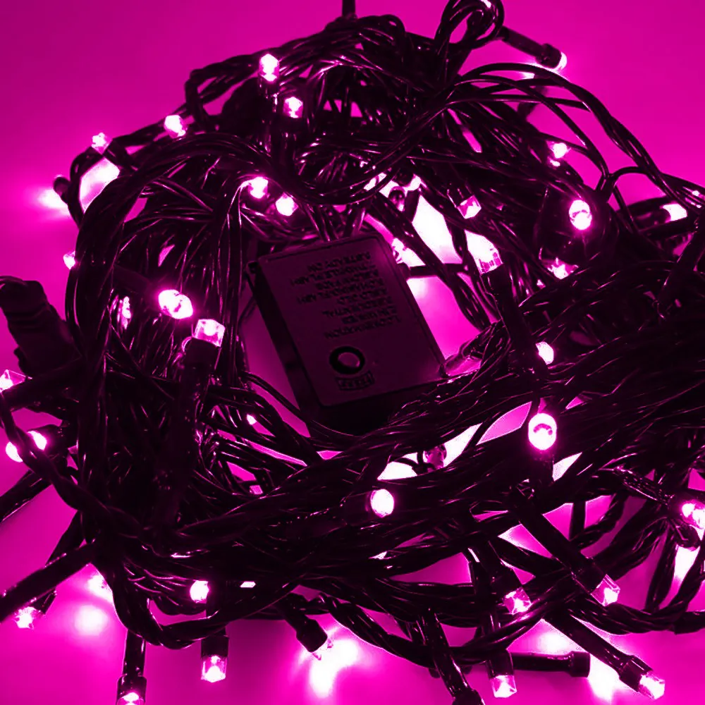 Pisca de Natal 100 LED 8 Funções Luz Rosa, Fio Verde Ø1,5 mm 10 Metros