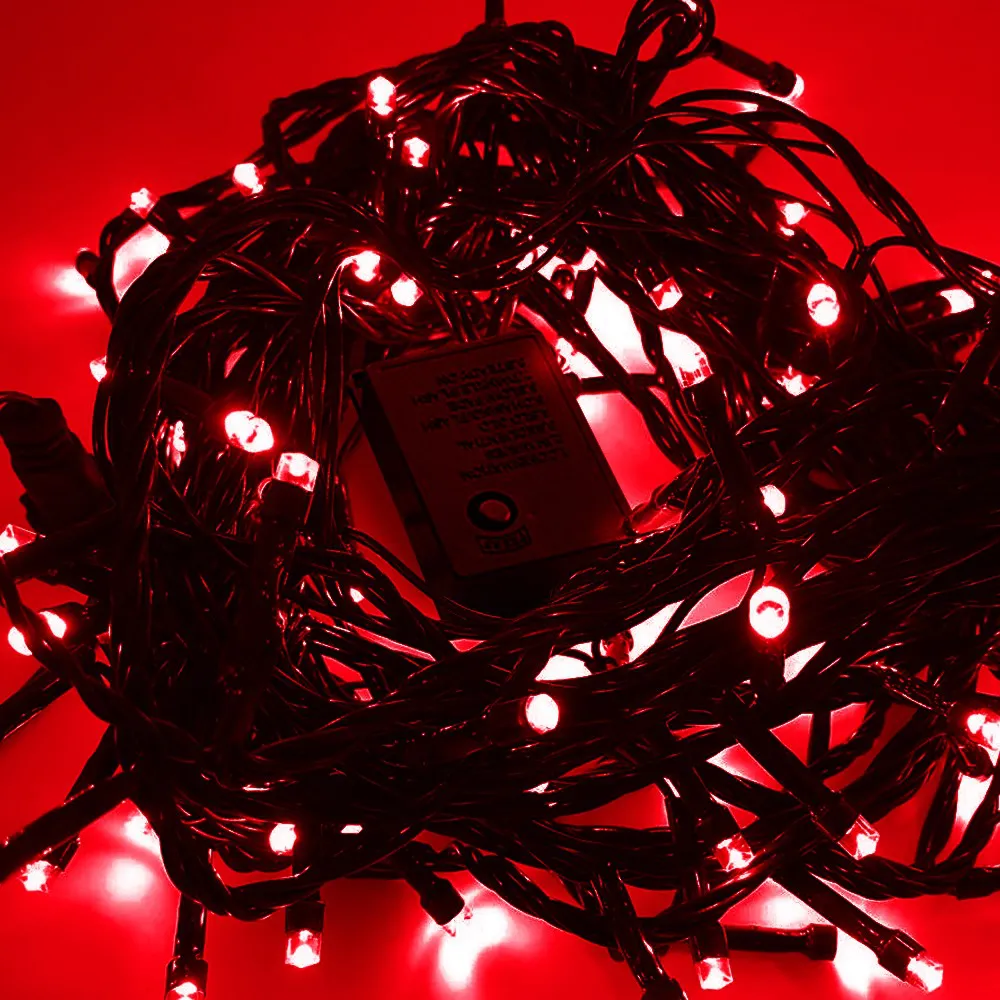 Pisca de Natal 100 LED 8 Funções Luz Vermelha, Fio Verde Ø1,5 mm 10 Metros
