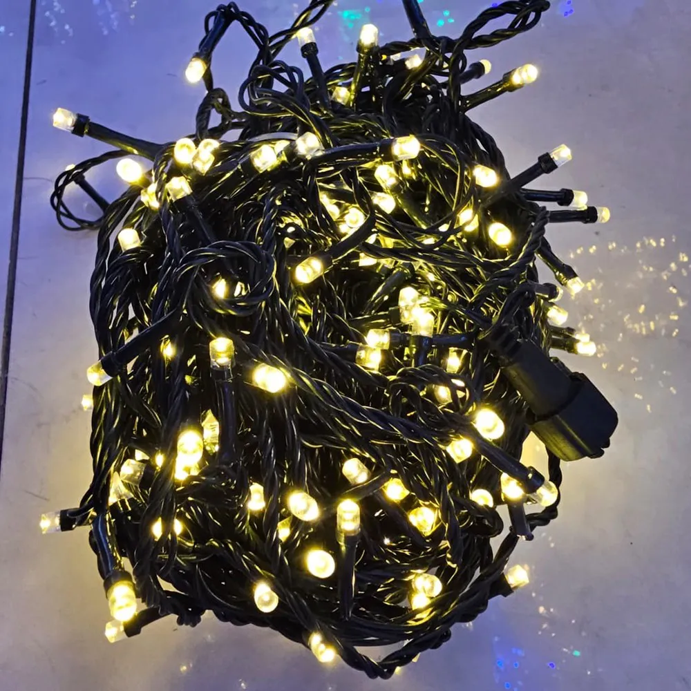 Pisca de Natal 300 LED Fixo com Memória Luz Branco, Quente Fio Verde Ø1,6 mm IP44 Uso Externo 30 Metros