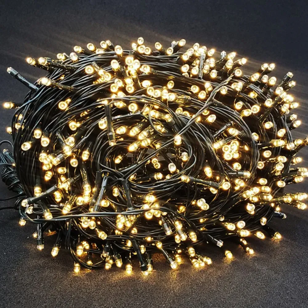 Pisca de Natal Strobinho 1000 LED Fixo Luz Branco Quente, Strobo branco frio, Fio Verde Ø1,6 mm IP44 Uso Externo 90 Metros