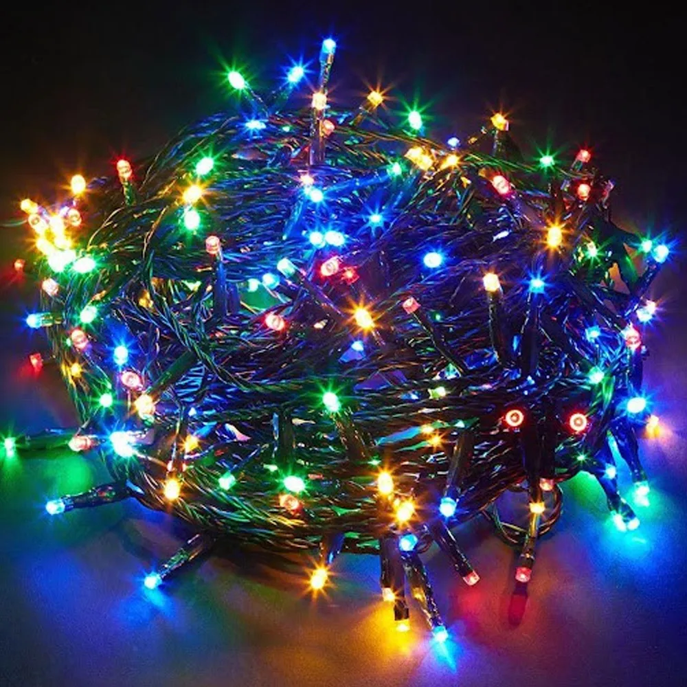Pisca de Natal 500 LED 8 Funções com Memória Luz Colorida, Fio Verde Ø1,6 mm IP44 Uso Externo 50 Metros