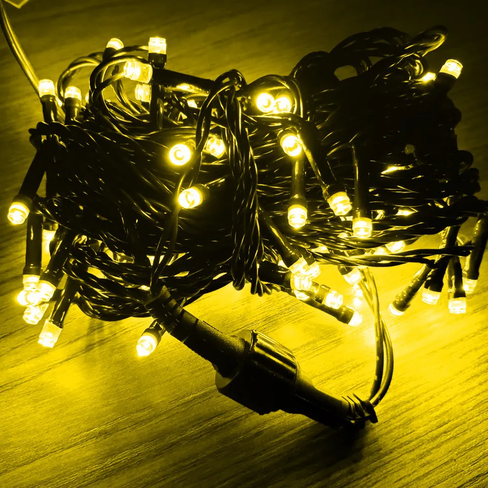 Pisca de Natal 100 LED Fixo Luz Amarela, Fio Verde Ø1,8 mm IP44 Uso Externo 10 Metros
