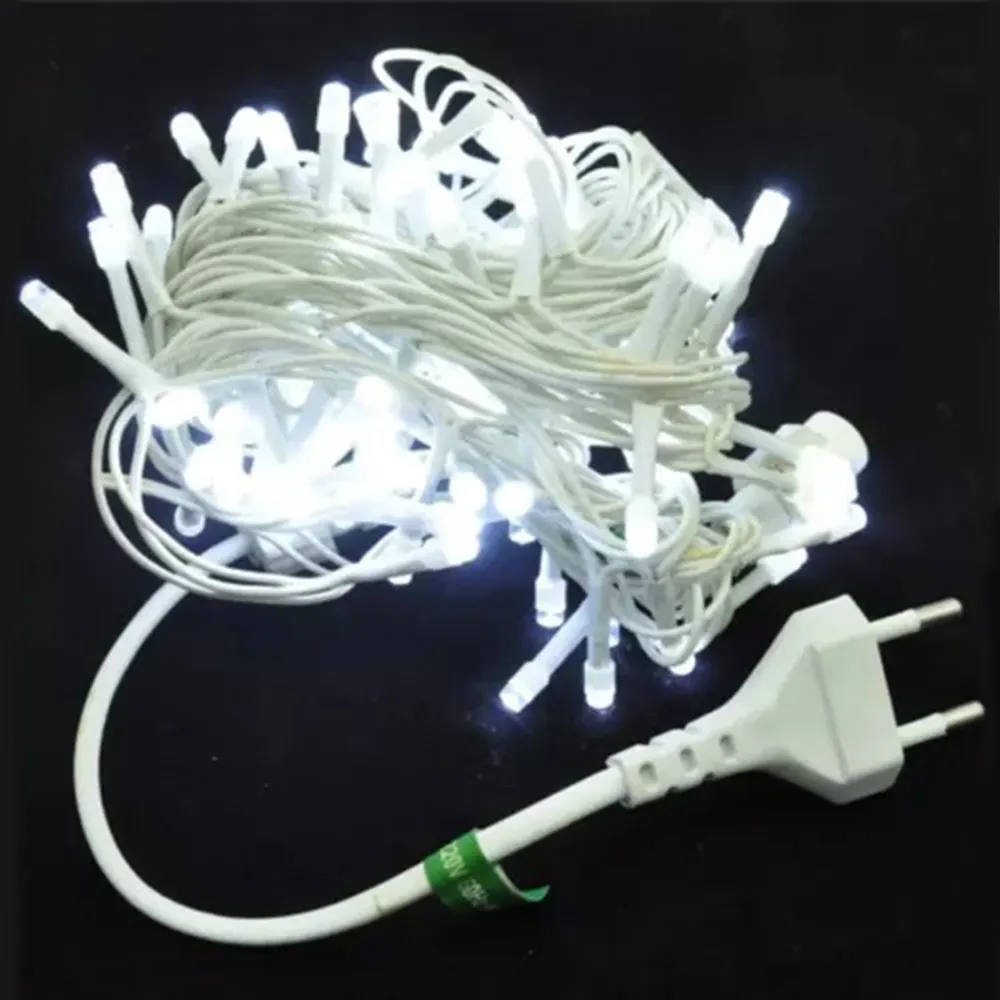 Pisca de Natal 100 LED Fixo Luz Branco Frio, Fio Branco Ø1,8 mm IP44 Uso Externo 10 Metros