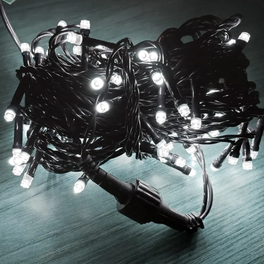 Pisca de Natal 100 LED Fixo Luz Branco Frio, Fio Verde Ø1,8 mm IP44 Uso Externo 10 Metros