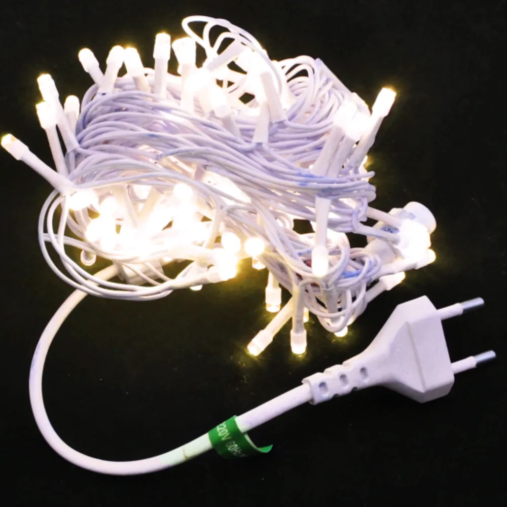 Pisca de Natal 100 LED Fixo Luz Branco Quente, Fio Branco Ø1,8 mm IP44 Uso Externo 10 Metros