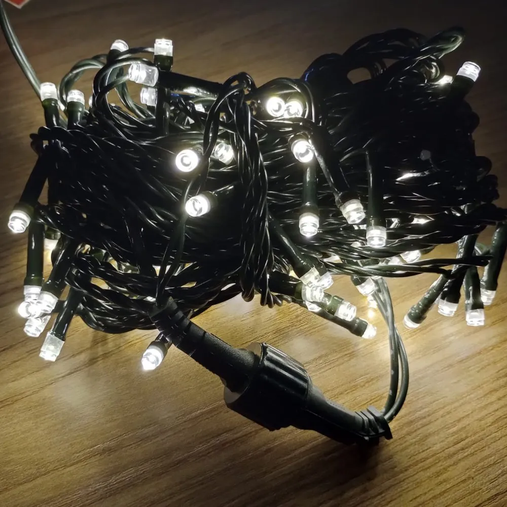 Pisca de Natal 100 LED Fixo Luz Branco Quente, Fio Verde Ø2,2 mm IP44 Uso Externo 10 Metros