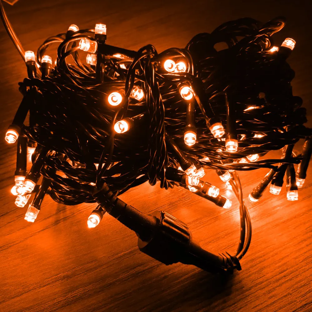 Pisca de Natal 100 LED Fixo Luz Laranja, Fio Verde Ø1,8 mm IP44 Uso Externo 10 Metros