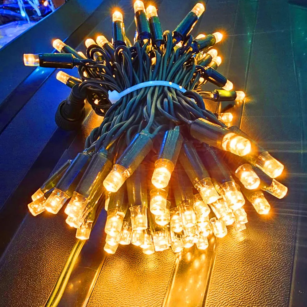 Pisca de Natal 100 LED Fixo Luz Amarelo, Fio Verde Ø2,4 mm IP65 Uso Externo 10 Metros