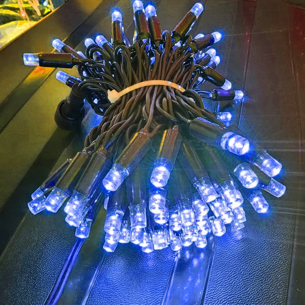 Pisca de Natal 100 LED Fixo Luz Azul, Fio Verde Ø2,2 mm IP44 Uso Externo 10 Metros