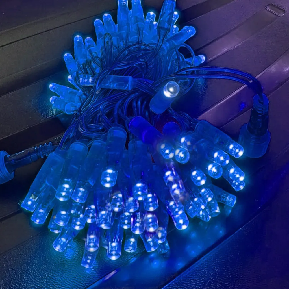Pisca de Natal 100 LED Fixo Luz Azul, Fio Azul Ø2,4 mm IP65 Uso Externo 10 Metros