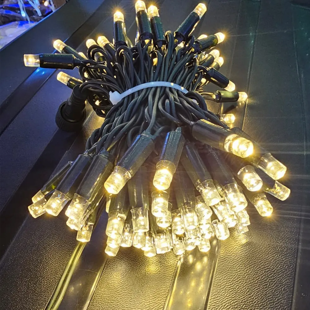 Pisca de Natal 100 LED Fixo Luz Branco Quente, Fio Verde Ø2,4 mm IP65 Uso Externo 10 Metros