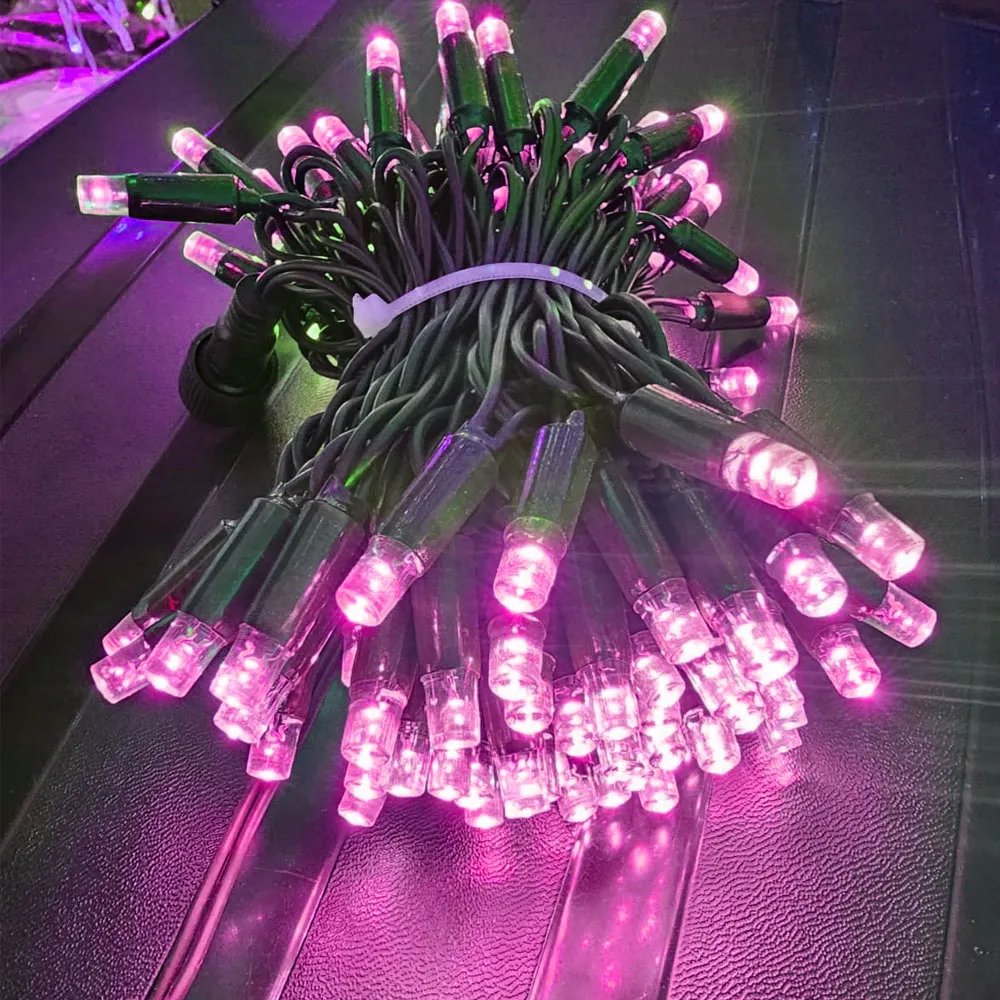Pisca de Natal 100 LED Fixo Luz Rosa, Fio Verde Ø2,4 mm IP65 Uso Externo 10 Metros