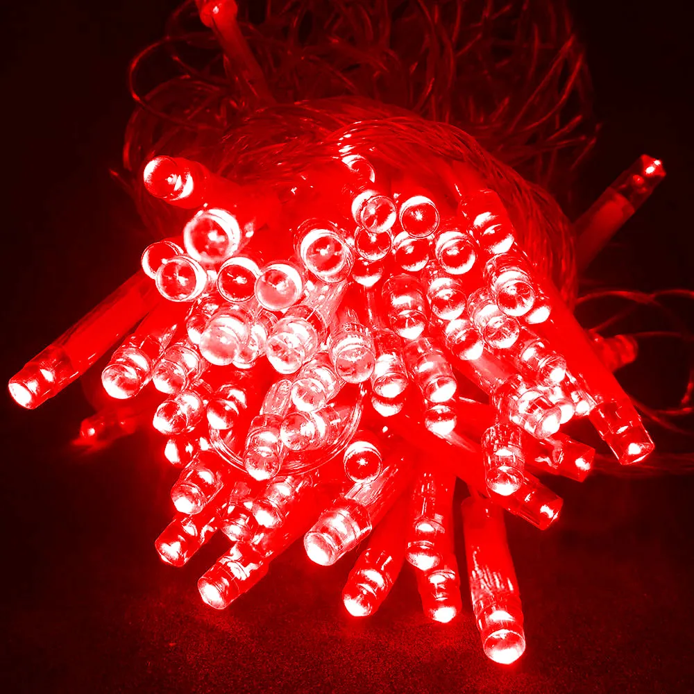Pisca de Natal 100 LED Fixo Luz Vermelho, Fio Transparente Ø2,4 mm IP65 Uso Externo 10 Metros