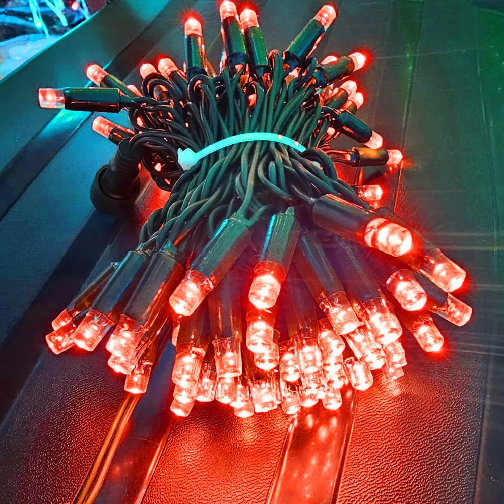 Pisca de Natal 100 LED Fixo Luz Vermelho, Fio Verde Ø2,4 mm IP65 Uso Externo 10 Metros