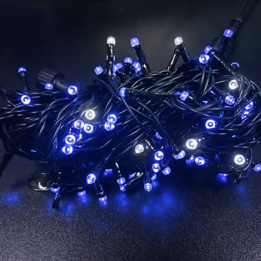 Pisca de Natal Strobinho 100 LED Fixo Luz Azul, Fio Verde Ø1,8 mm IP44 Uso Externo 10 Metros