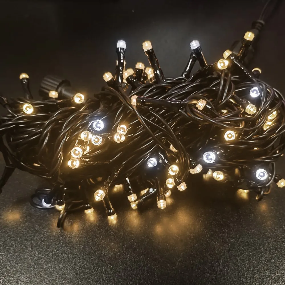 Pisca de Natal Strobinho 100 LED Fixo Luz Branco Quente, Fio Verde Ø2,2 mm IP44 Uso Externo 10 Metros