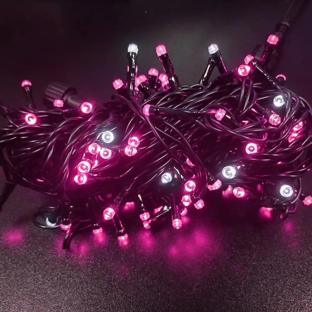 Pisca de Natal Strobinho 100 LED Fixo Luz Rosa, Fio Verde Ø2,2 mm IP44 Uso Externo 10 Metros