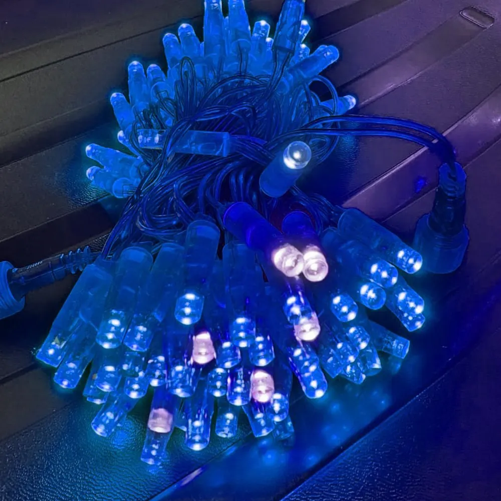 Pisca de Natal Strobinho 100 LED Fixo Luz Azul, Fio Azul Ø2,4 mm IP65 Uso Externo 10 Metros