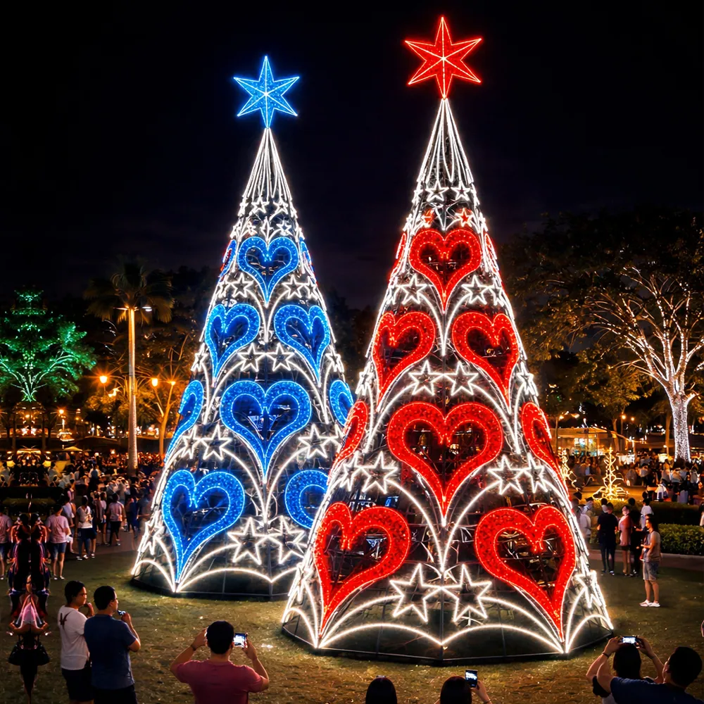 Árvore de Natal Luminosa Gigante LED Fabricada em Estrutura Metálica - Corações e Cometas