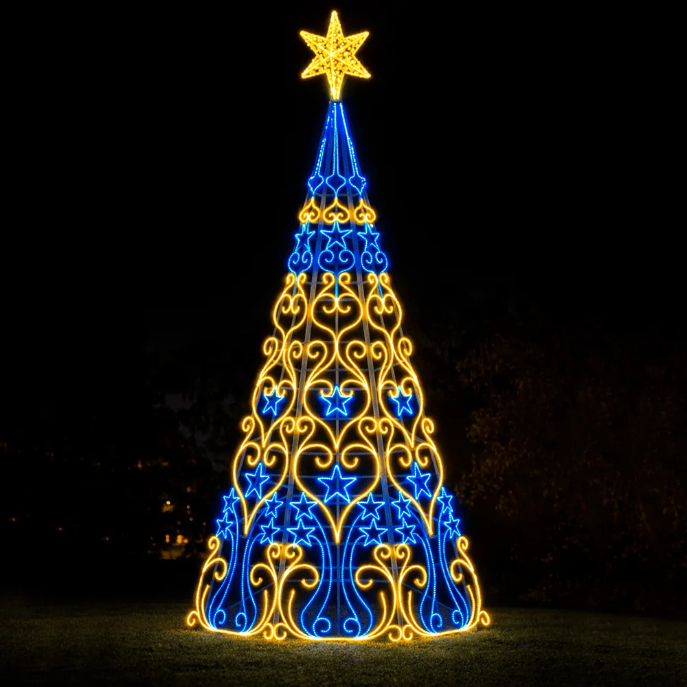 Árvore de Natal Luminosa Gigante LED Fabricada em Estrutura Metálica - Arabescos, Estrelas e Corações