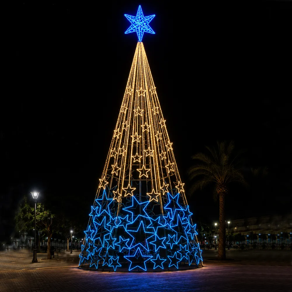 Árvore de Natal Luminosa Gigante LED Fabricada em Estrutura Metálica - Chuva de Estrelas