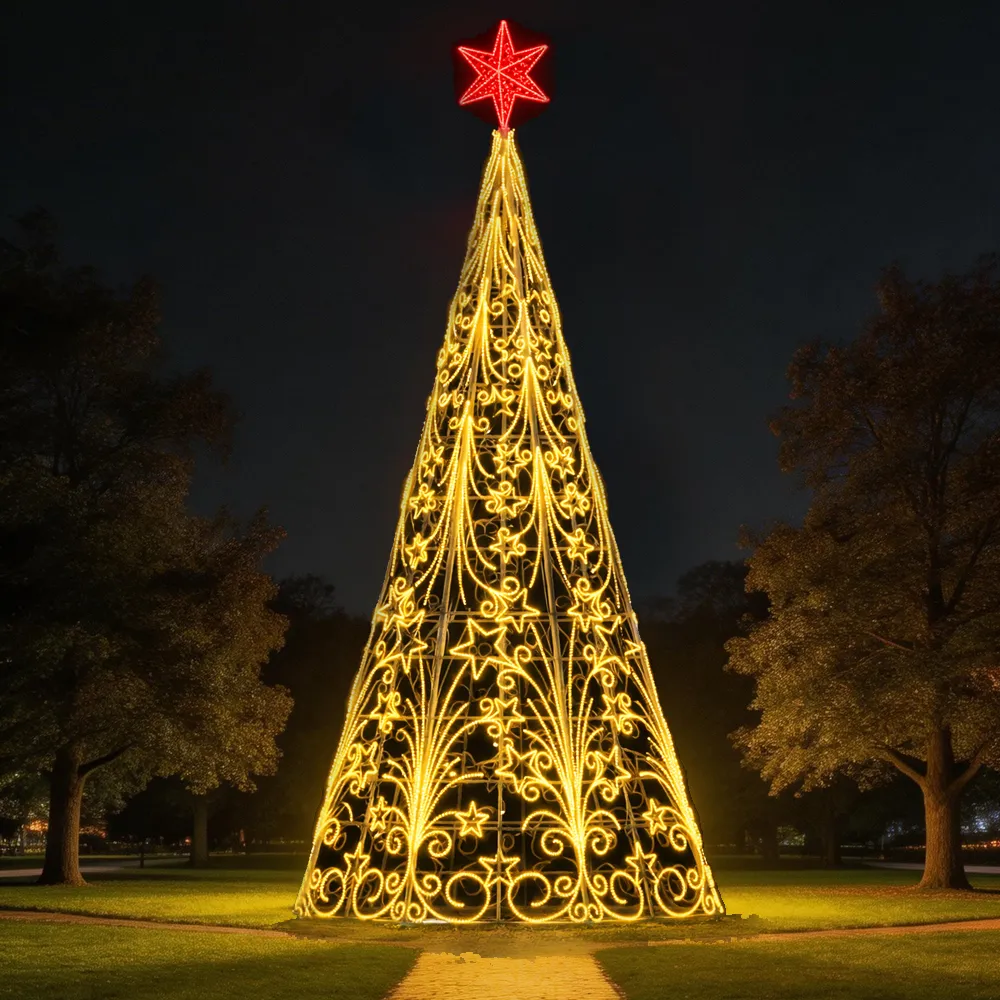 Árvore de Natal Luminosa Gigante LED Fabricada em Estrutura Metálica - Arabescos e Estrelas
