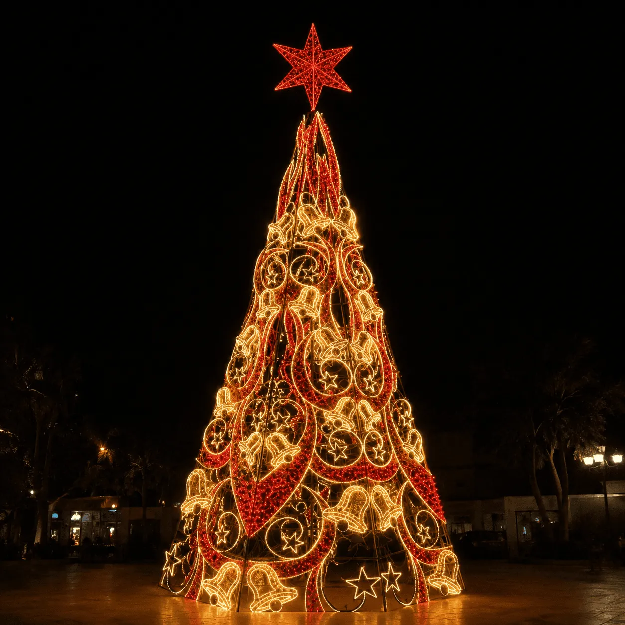 Árvore de Natal Luminosa Gigante LED Fabricada em Estrutura Metálica - Sinos e Estrelas